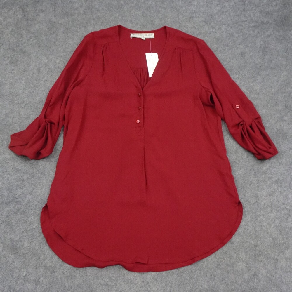 What Goes Around Top Womens Medium M Red Silk Roll Tab Sleeves Blouse Henley